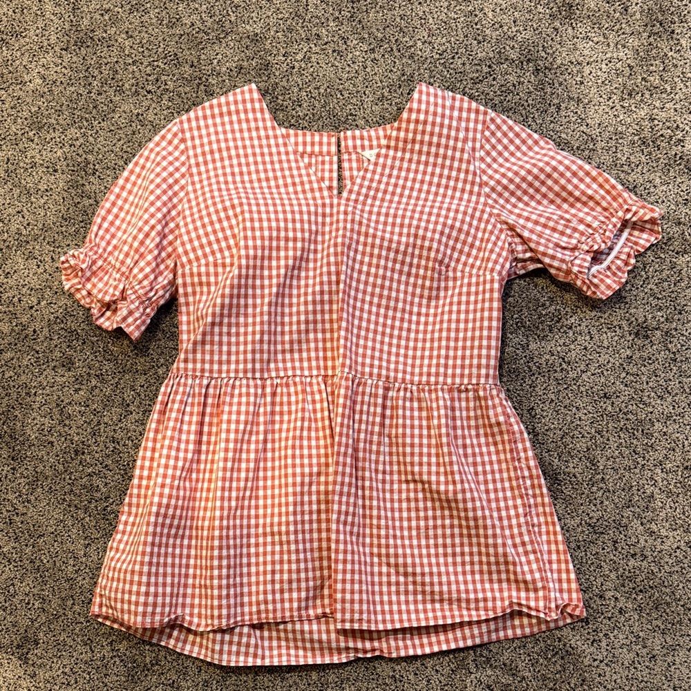 DownEast Pink Gingham Peplum Blouse